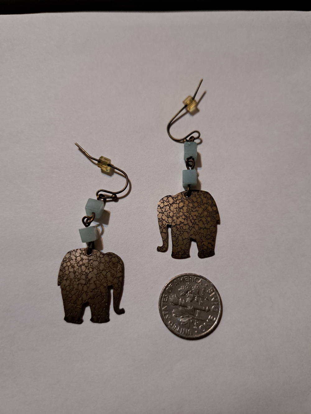 Vintage-Inspired Gold Elephant Drop Earrings with Light Green Beads